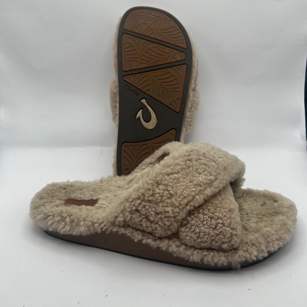 OluKai Kipe'a Heu Womens fur fuzzy Crisscross Slide Sandals Slippers 9.5
